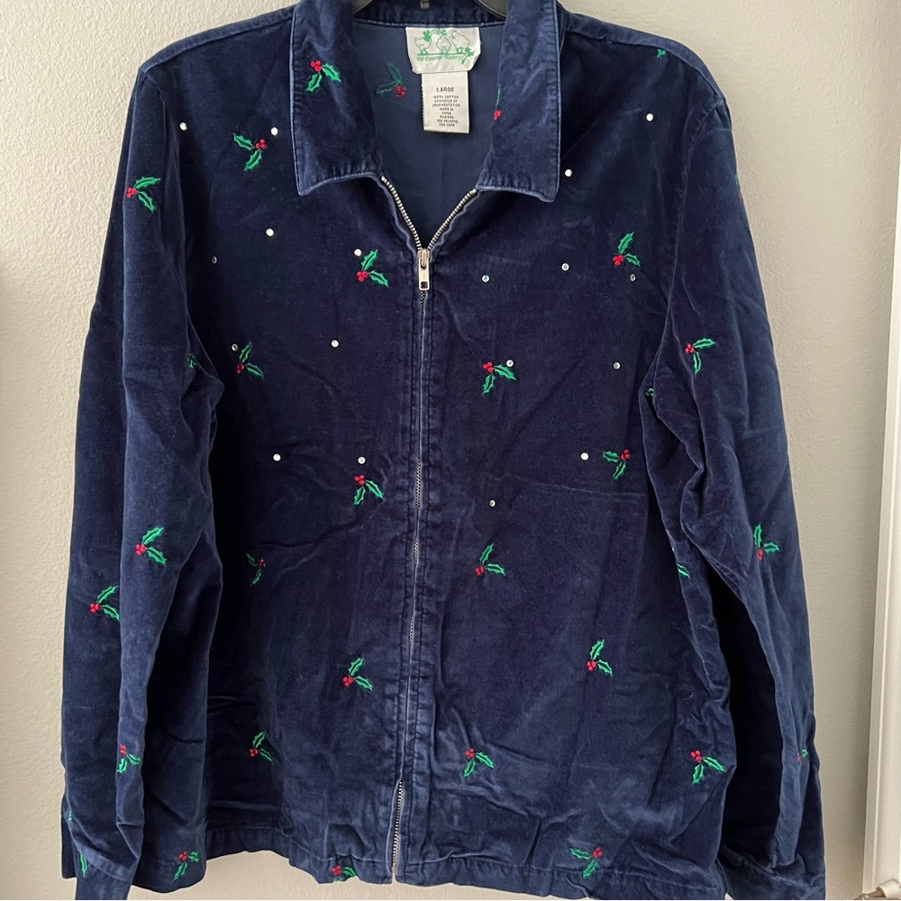 The Quaker Factory Holly Berry Sparkle Full Zip Velvet Jacket Sz  Large
